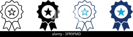 Set of four award ribbon with star vector icons displayed in various design styles including thin outline, solid black, blue outline, and solid blue w Stock Vector