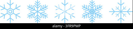 A set of five blue outline snowflake vector graphic icons displayed in a row on a white background, perfect for winter and holiday designs. Stock Vector