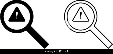 Two warning search vector icons presented in solid and outline style variations, featuring a magnifying glass with an exclamation mark triangle symbol Stock Vector