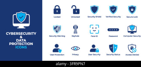 Fourteen cybersecurity and data protection color vector icons set featuring security symbols, shields, locks, face id, password, and user privacy elem Stock Vector