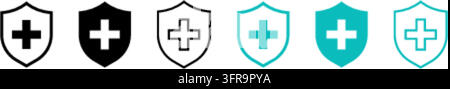 Six minimalist healthcare and medical shield vector icons set featuring cross symbols in black, outline, and cyan styles isolated on a clean white bac Stock Vector