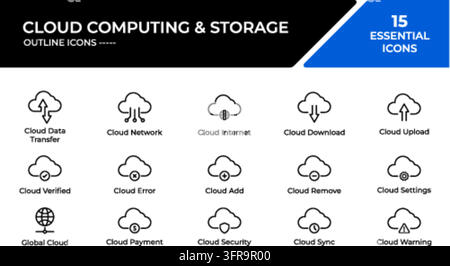A set of fifteen minimalist outline vector icons representing cloud computing and storage concepts, including data transfer, network, internet, downlo Stock Vector