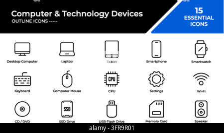 Fifteen minimalist computer and technology devices outline vector icons set on a white background, featuring essential hardware symbols like desktop, Stock Vector