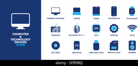 Thirteen minimalist computer and technology devices color vector icons set featuring hardware, peripherals, and electronics symbols displayed cleanly Stock Vector
