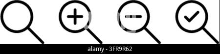 Four minimalist magnifying glass vector icons presented in a clean outline style. The set includes a blank search glass, zoom in with plus sign, zoom Stock Vector
