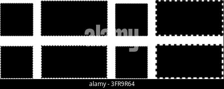 A collection of eight minimalist black postage stamp vector shapes featuring different rectangular and square formats with scalloped and perforated ed Stock Vector