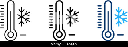 Three minimalist cold temperature thermometer and snowflake vector icons set isolated on a white background, featuring clean line art design for winte Stock Vector