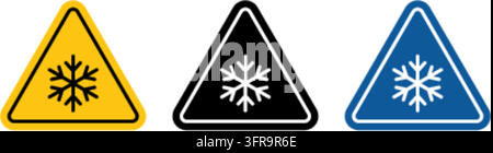 Three minimalist triangular warning sign icons featuring snowflake symbols in yellow, black, and blue color variants set against a clean white backgro Stock Vector