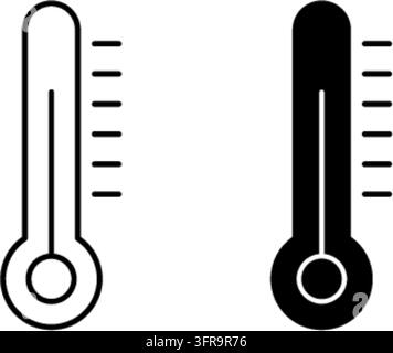 Two minimalist thermometer vector icons shown in both outline and solid filled styles against a clean white background, ideal for weather, climate, an Stock Vector