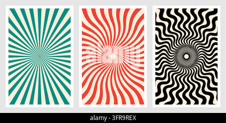 Set of three abstract poster templates featuring retro sunburst lines and optical illusion wavy patterns in teal, red, and black on cream backgrounds. Stock Vector