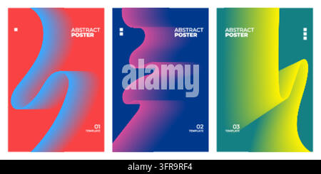 Set of modern abstract poster templates featuring dynamic colorful fluid wave lines on vibrant multi-color gradient backgrounds with minimalist typogr Stock Vector