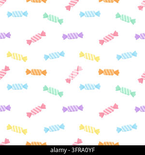 Cute seamless pattern of colorful pastel striped wrapped candies arranged on a white background for sweet packaging wallpaper fabric and playful decor Stock Vector