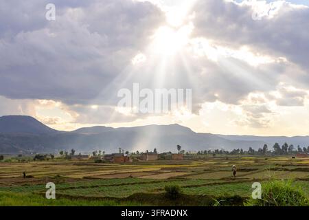 Dramatic sunbeams breaking through clouds over rice fields and a rural village, Vakinankaratra, Antsirabe, Madagascar Stock Photo