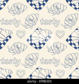 Seamless blue line art pattern featuring buttery croissants wrapped in bows on checkered napkins with tasty typography. Stylish vector illustration Stock Vector