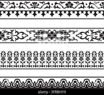 Vector set of seamless Chinese monochrome border ornaments. East asia peoples framework Stock Vector
