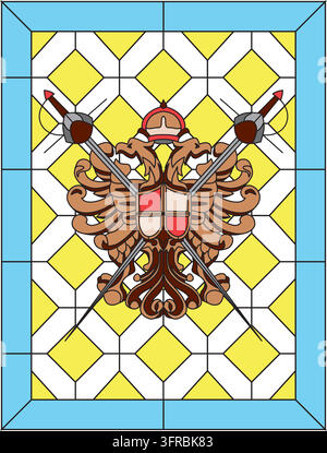 Medieval beautiful brown knightly coat of arms with swords and a shield on yellow squares and in a blue frame royal castle two eagle heads Stock Vector