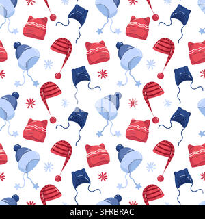 Seamless pattern with warm winter hats, knitted beanies, and blue earflap caps Stock Vector