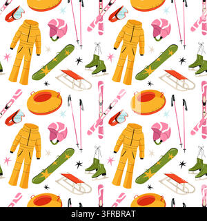 Seamless pattern with winter sports equipment, ski suit, snowboard, sled, and ice skates Stock Vector
