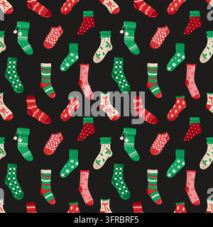 Seamless pattern with a variety of colorful Christmas stockings and socks on a black background Stock Vector