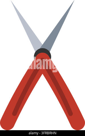 Flat vector illustration of pruning shears with red handles and crossed steel blades, isolated on white. Garden trimming and secateurs tool icon. Stock Vector