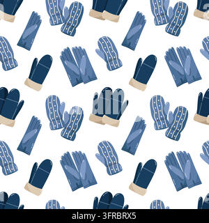 Seamless pattern with warm blue knitted winter mittens and gloves with patterns Stock Vector