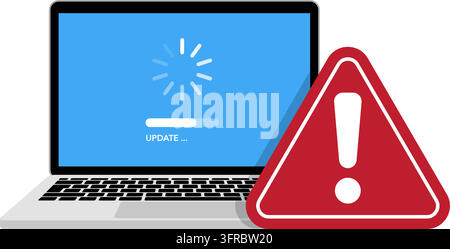 a laptop computer screen shows a system update in progress accompanied by a large warning alert symbol beside it. Stock Vector