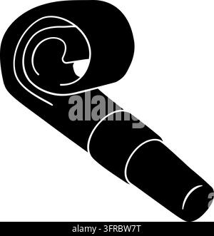 Black silhouette illustration of a coiled party blower noisemaker with mouthpiece, isolated on white. Bold celebration graphic for birthdays, parties, Stock Vector