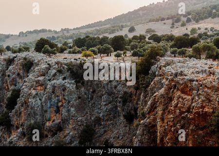 A rugged limestone escarpment with rust-colored mineral streaks, scattered evergreen trees, and rolling green hills under a soft pastel sky. Ideal for Stock Photo