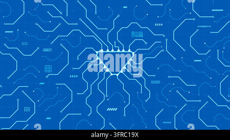 Bright blue circuit board background with a glowing inverted triangle microchip core and electronic PCB traces. Stock Vector