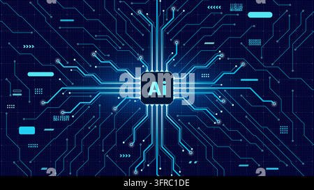Glowing cyan circuit traces radiate from a central AI microchip on a dark blue technical background. Stock Vector