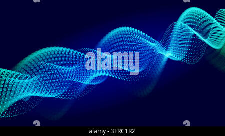 A glowing vector helix made of blue and green dots twists across a dark background. This abstract particle wave suggests digital data flow and futuris Stock Vector
