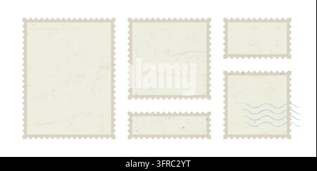 Vintage postage stamp set vector with blank grunge frames, aged paper texture, subtle scratches and wavy postmark lines. Retro postal collection for m Stock Vector