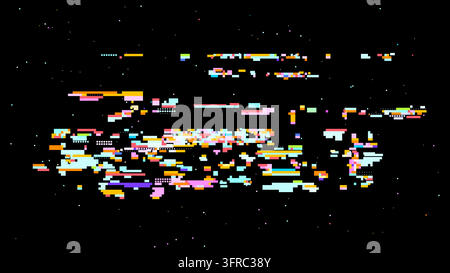 Abstract digital glitch vector in retro gaming UI style with red pink accents, focused on digitalization and data transformation. Dark background with Stock Vector
