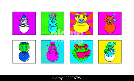 Eight whimsical winter holiday characters include a snowman and stylized animal-like figures wearing playful hats and accessories, arranged in vivid s Stock Vector