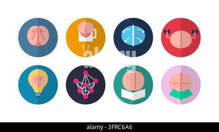 Vector icons set of brain activity and mental health in flat design style. Includes cognitive functions, education, learning, fitness, creativity, ide Stock Vector