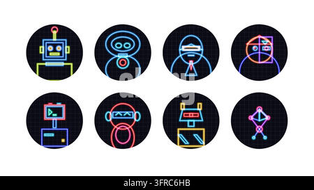 Premium neon style set icon vector with glowing robot heads, cyborg avatars, and artificial intelligence bots. Cyberpunk futuristic character portrait Stock Vector
