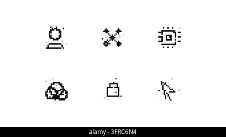 Pixel noise tech icon variants with profile network chip cloud lock and cursor motifs for digital product interfaces, cybersecurity concepts, data sys Stock Vector