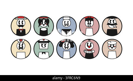 Children style set icons with vintage 1930s rubber hose cartoon characters. This vector pack features retro avatars like sailor, nurse, clown, burglar Stock Vector