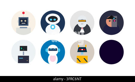 Collection of flat robot and cyborg profile avatars in circular badges, with a blank circular placeholder. Stock Vector