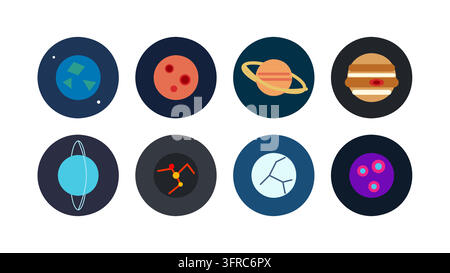 Educational vector set of children style planet icons including Earth, Mars, Saturn, Jupiter. Playful cartoon space graphics for school projects, kids Stock Vector