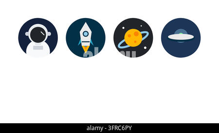 Professional vector children style set icons for space exploration. Features cute astronaut, rocket ship, planet, UFO saucer, satellite, meteor, rover Stock Vector