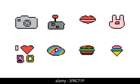 High quality vector collection of retro pixel art icons with 8-bit camera, gaming joystick, red lips, peace sign, 80s heart, rainbow donut, burger and Stock Vector