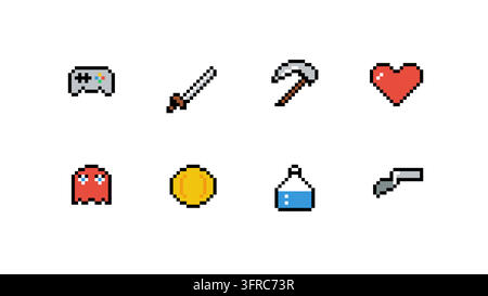 Retro pixel art icons set vector for video games. Includes 8-bit gamepad, sword, pickaxe, heart, ghost, gold coin, mana potion, and pistol. Perfect fo Stock Vector