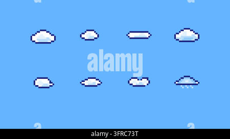 Professional pixel art vector set featuring various white clouds icons on a blue sky background. Perfect for 8-bit retro games, gaming ui, weather app Stock Vector