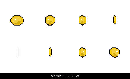 Pixel art vector set featuring a rotating golden gem or coin sprite sheet for retro game development. Includes 8-bit animation frames of a yellow jewe Stock Vector