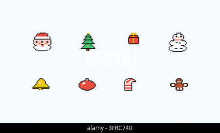 A professional pixel art vector set featuring Christmas icons including Santa Claus, a festive tree, snowman, gift box, bell, bauble, and gingerbread Stock Vector