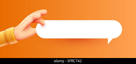 3D cartoon hand holding a white speech bubble. Empty space for your message on an orange background. Vector illustration Stock Vector