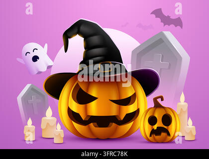 Halloween pumpkin with witch hat and ghost on purple background. Spooky holiday celebration vector illustration. Stock Vector