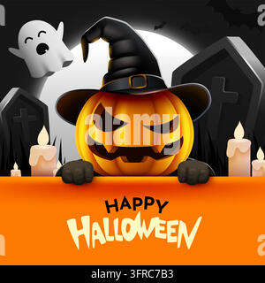 Happy Halloween pumpkin character holding a sign. Scary holiday banner for celebration. Vector illustration Stock Vector