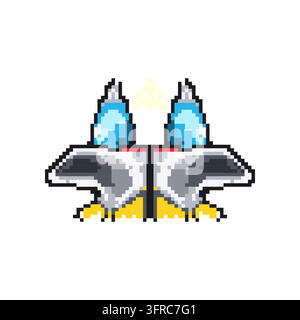 Classic metallic UFO flying saucer with glowing lights hovering in the cosmic void in pixel art style, detailed extraterrestrial vector ship for space Stock Vector